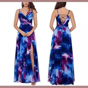 NWT $269 Xscape [ 6 ] Strappy Tie-Back Chiffon Gown in Blue Pink‎